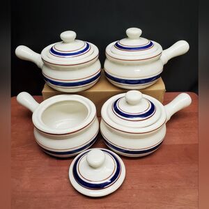 Vintage Ceramic Onion Soup Crock Bean Pot Bowls in White Blue Stripes